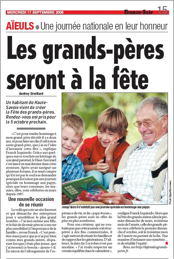 Article "Fête des Grands-Pères" France Soir du 16 et 17 septembre 2008 - Audrey Dreillard